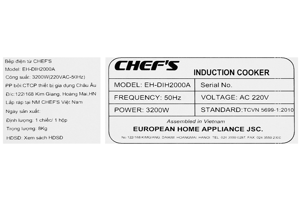 Bếp từ 2 vùng nấu Chefs EH DIH2000A – Hàng chính hãng giá rẻ tại Hải Phòng